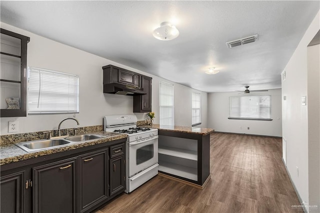 kitchen with ceiling fan, sink, dark hardwood / wood-style flooring, kitchen peninsula, and white range with gas cooktop