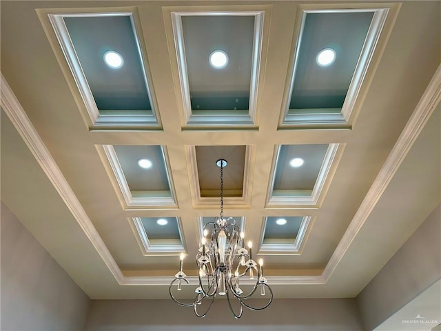 2301 Mcleod Ave, Edinburg, TX 78539 - detailed view of ornamental molding, coffered ceiling, a chandelier, and beam ceiling