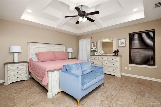 bedroom featuring ceiling fan and coffered ceiling