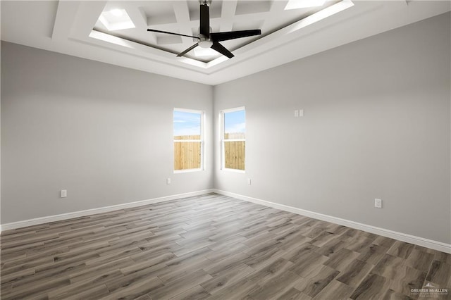 spare room featuring a raised ceiling, hardwood / wood-style floors, and ceiling fan