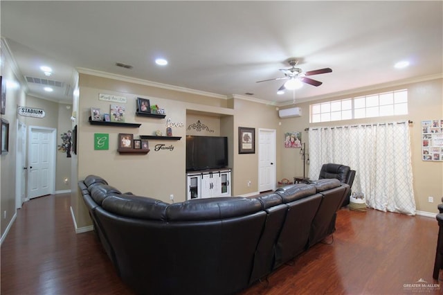 living area featuring dark wood finished floors, visible vents, and crown molding