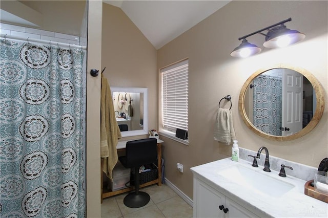 full bathroom featuring vaulted ceiling, tile patterned flooring, vanity, and a shower with curtain