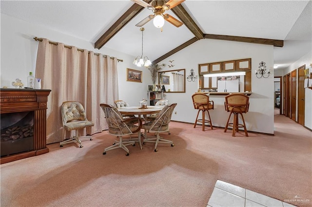 dining space featuring vaulted ceiling with beams, light colored carpet, and a chandelier