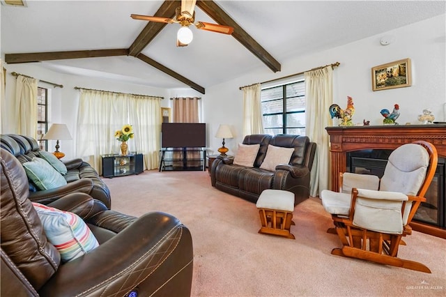 living room with carpet flooring, lofted ceiling with beams, and ceiling fan