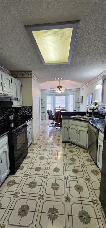 kitchen with black range with electric stovetop, stainless steel dishwasher, a textured ceiling, and extractor fan