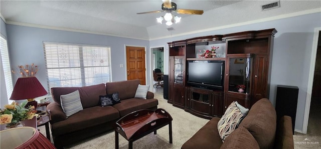 carpeted living room featuring ceiling fan, ornamental molding, a textured ceiling, and lofted ceiling