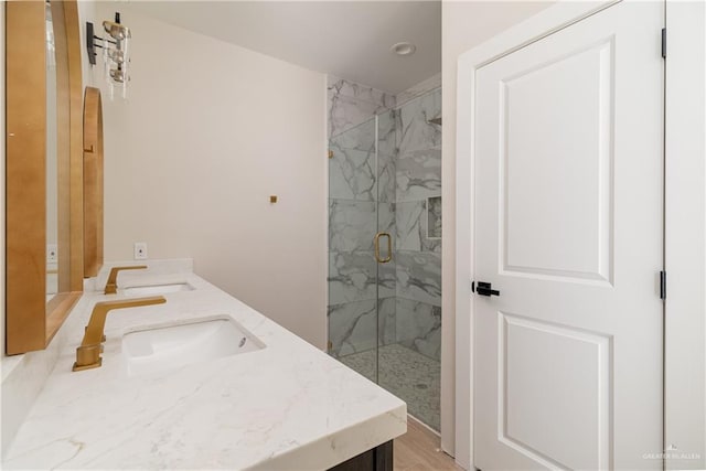 bathroom featuring vanity and an enclosed shower