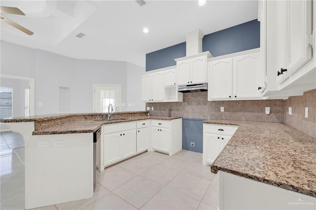 3313 Roadrunner Dr, Edinburg, TX 78541 - kitchen with under cabinet range hood, stone counters, a peninsula, backsplash, and recessed lighting