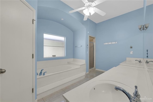 3313 Roadrunner Dr, Edinburg, TX 78541 - bathroom featuring a bath, double vanity, a stall shower, tile patterned flooring, and a ceiling fan