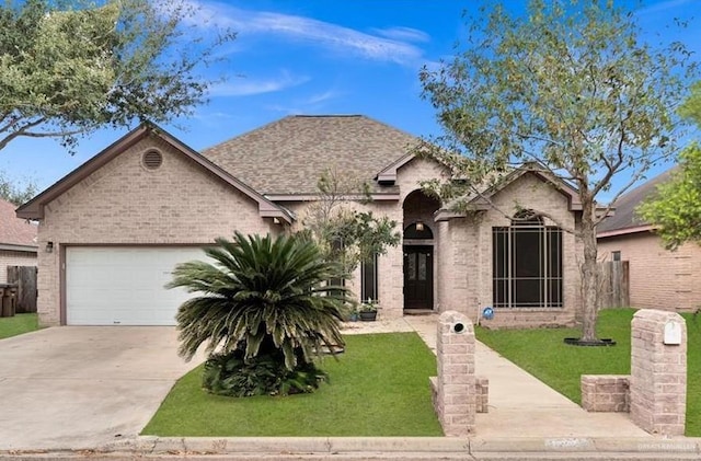 3313 Roadrunner Dr, Edinburg, TX 78541 - view of front of property with a garage, concrete driveway, brick siding, and a shingled roof