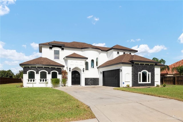 mediterranean / spanish home with a garage and a front lawn