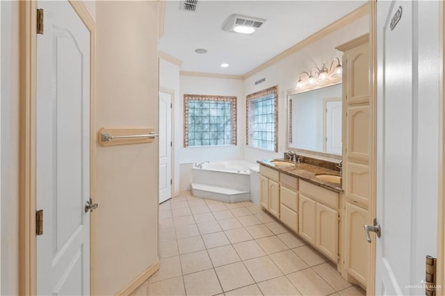 full bathroom with a garden tub, crown molding, visible vents, a sink, and tile patterned floors