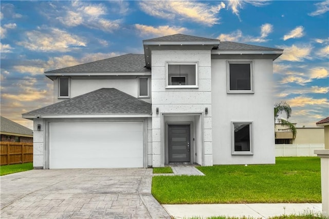 view of front of home featuring a lawn and a garage