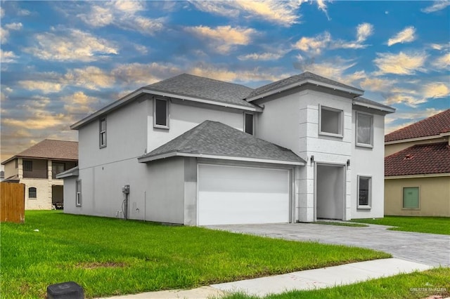 exterior space featuring a garage and a front lawn