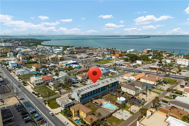 bird's eye view with a water view