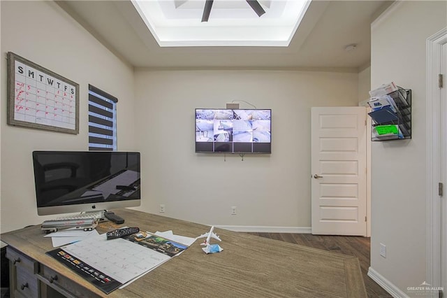 office area with dark hardwood / wood-style floors and ceiling fan