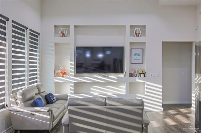 living room with dark hardwood / wood-style flooring