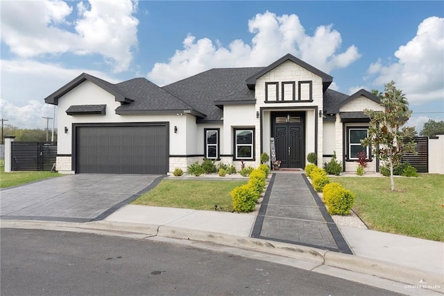 view of front of property featuring a garage and a front lawn