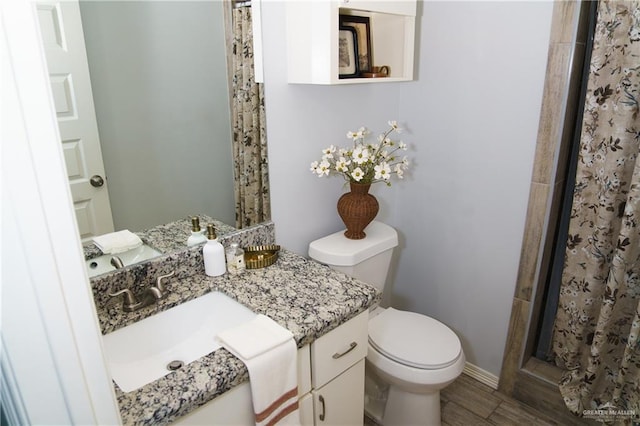 bathroom featuring vanity, curtained shower, toilet, and wood-type flooring