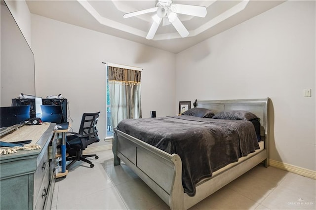 2005 E 28th St, Mission, TX 78574 - bedroom featuring a tray ceiling, light tile patterned floors, access to exterior, a ceiling fan, and an office area