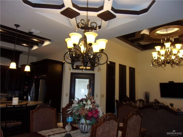 dining area with coffered ceiling and an inviting chandelier