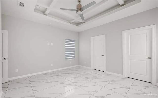 unfurnished bedroom featuring visible vents, marble finish floor, beamed ceiling, and coffered ceiling