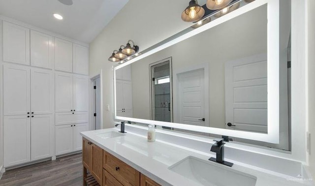 bathroom with vanity and hardwood / wood-style flooring