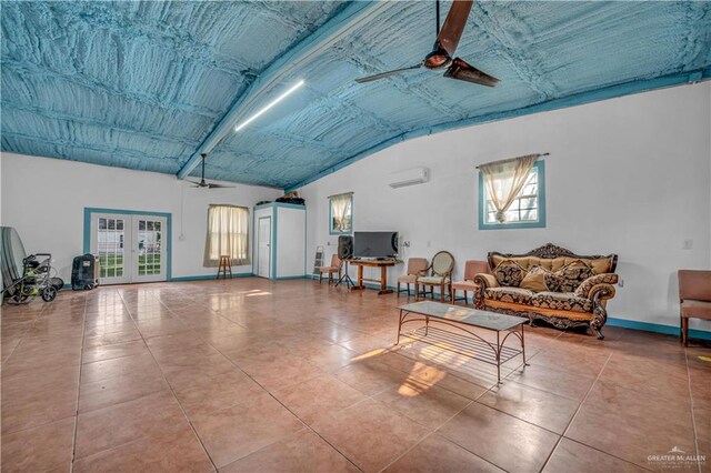 2865 E Mile 9 1/2 N, Donna, TX 78537 - tiled living area with ceiling fan, plenty of natural light, a wall mounted air conditioner, and vaulted ceiling