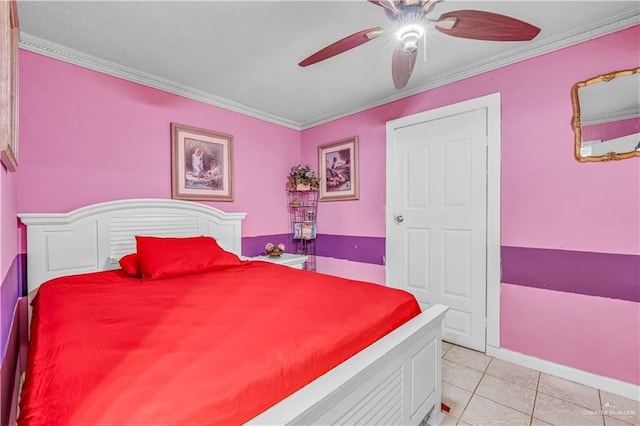 2865 E Mile 9 1/2 N, Donna, TX 78537 - bedroom featuring crown molding, light tile patterned flooring, a ceiling fan, and baseboards