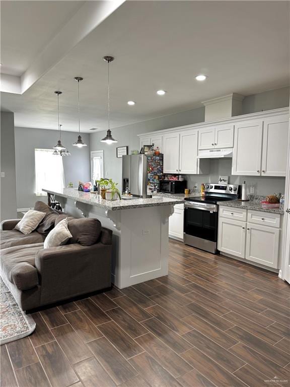 kitchen featuring open floor plan, stainless steel appliances, white cabinetry, and wood tiled floor