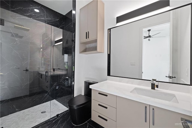 4648 Estancia Pkwy, Mcallen, TX 78504 - full bathroom with vanity, a marble finish shower, ceiling fan, and marble finish floors