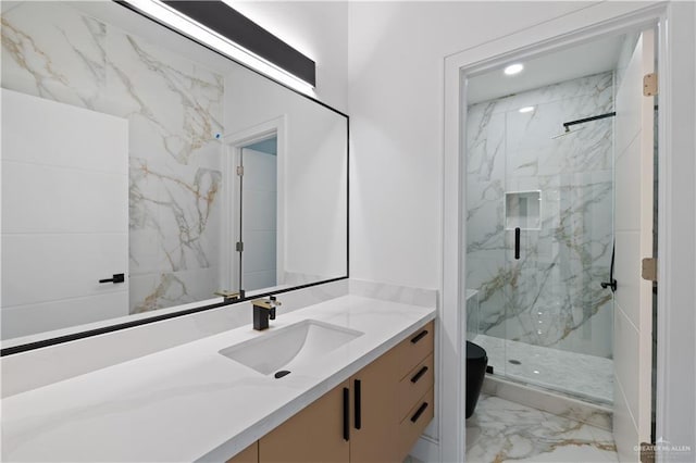 4648 Estancia Pkwy, Mcallen, TX 78504 - full bath with marble look tiles, vanity, a marble finish shower, and recessed lighting