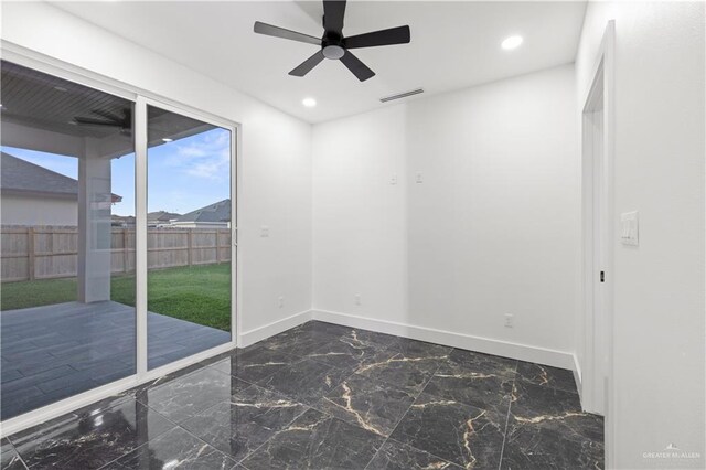 3009 E Bella Vista Ave, Alton, TX 78573 - spare room featuring visible vents, baseboards, marble finish floor, ceiling fan, and recessed lighting