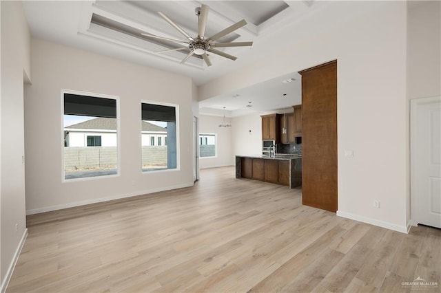 unfurnished living room featuring ceiling fan with notable chandelier, light hardwood / wood-style floors, and sink