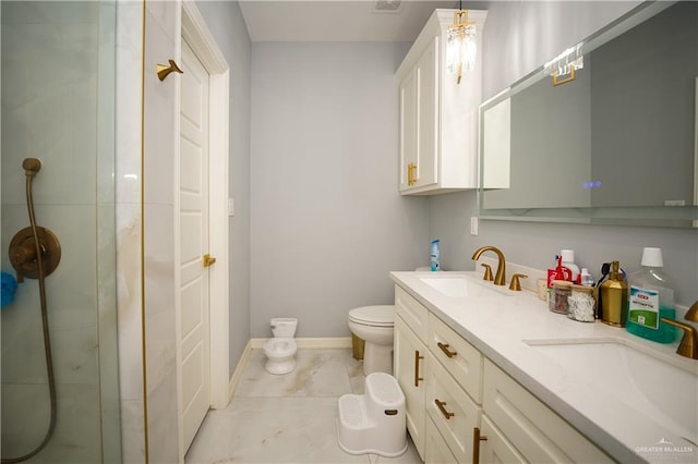 bathroom with vanity, toilet, and walk in shower