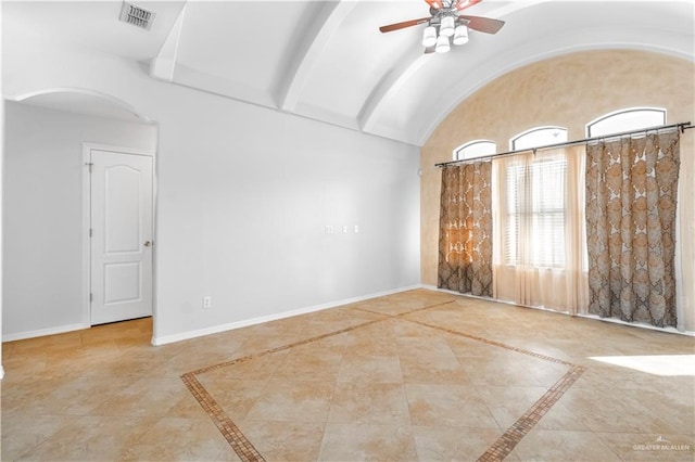 unfurnished room featuring vaulted ceiling with beams and ceiling fan