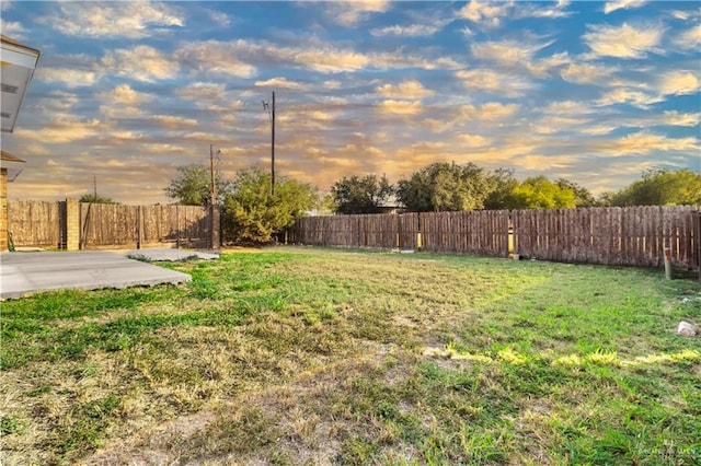 yard at dusk with a patio area