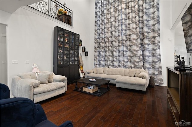 living room featuring wood-type flooring and a high ceiling