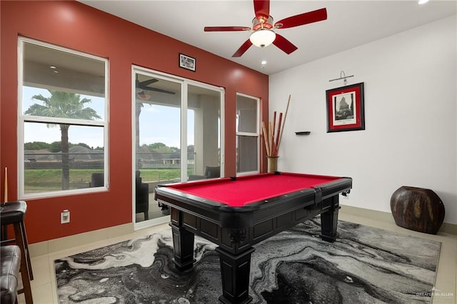 rec room featuring ceiling fan, light tile patterned floors, and billiards