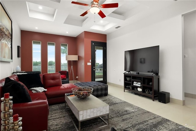 living room with beamed ceiling, ceiling fan, and coffered ceiling