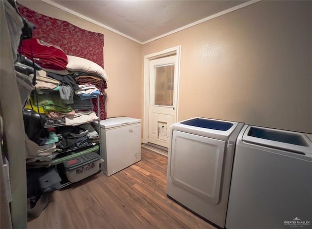 washroom featuring crown molding, dark wood-type flooring, and washer and clothes dryer