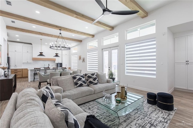 1806 E 28th St, Mission, TX 78574 - living room featuring ceiling fan, light wood-type flooring, beam ceiling, baseboards, and french doors