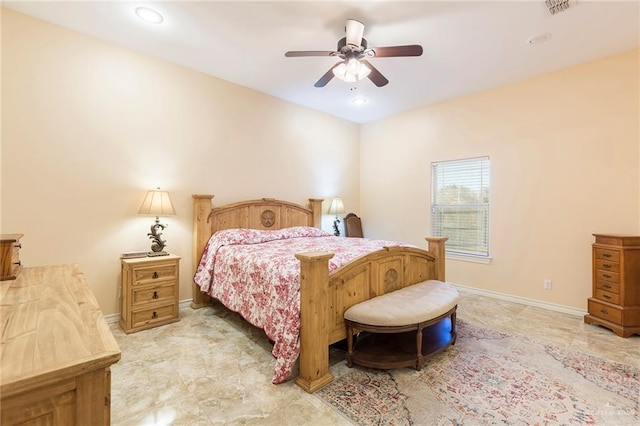 bedroom with visible vents, baseboards, a ceiling fan, and recessed lighting