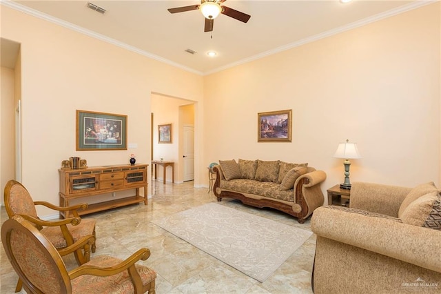 living area featuring marble finish floor, visible vents, and ornamental molding