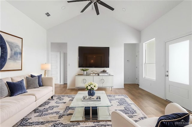 803 Ava Dr, La Feria, TX 78559 - living area featuring ceiling fan, light wood-type flooring, high vaulted ceiling, and baseboards