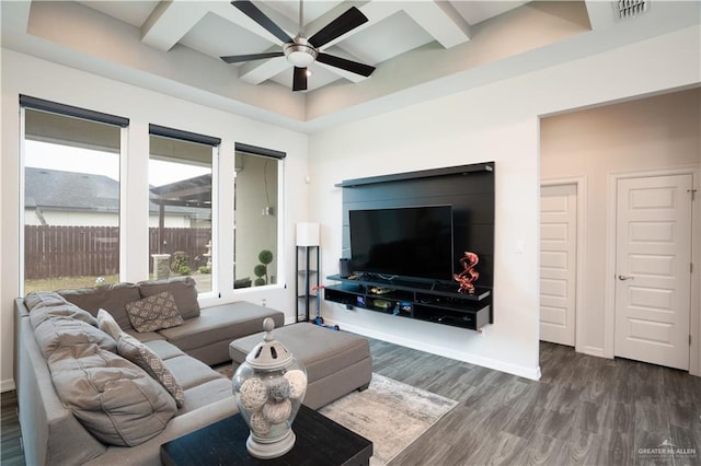 living room featuring coffered ceiling, beam ceiling, dark hardwood / wood-style floors, and ceiling fan