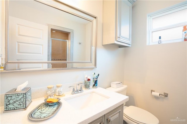 bathroom with vanity, toilet, and a shower with door