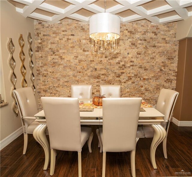 dining room featuring beam ceiling, coffered ceiling, and dark hardwood / wood-style floors