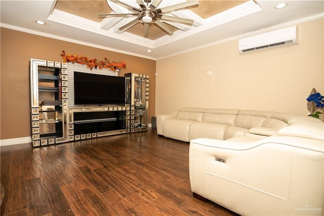 unfurnished living room featuring hardwood / wood-style floors, crown molding, a wall unit AC, and a tray ceiling