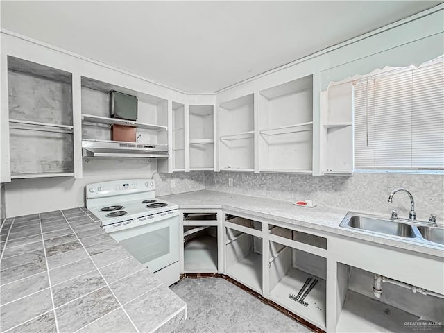 kitchen featuring white cabinets, white electric range oven, sink, and range hood